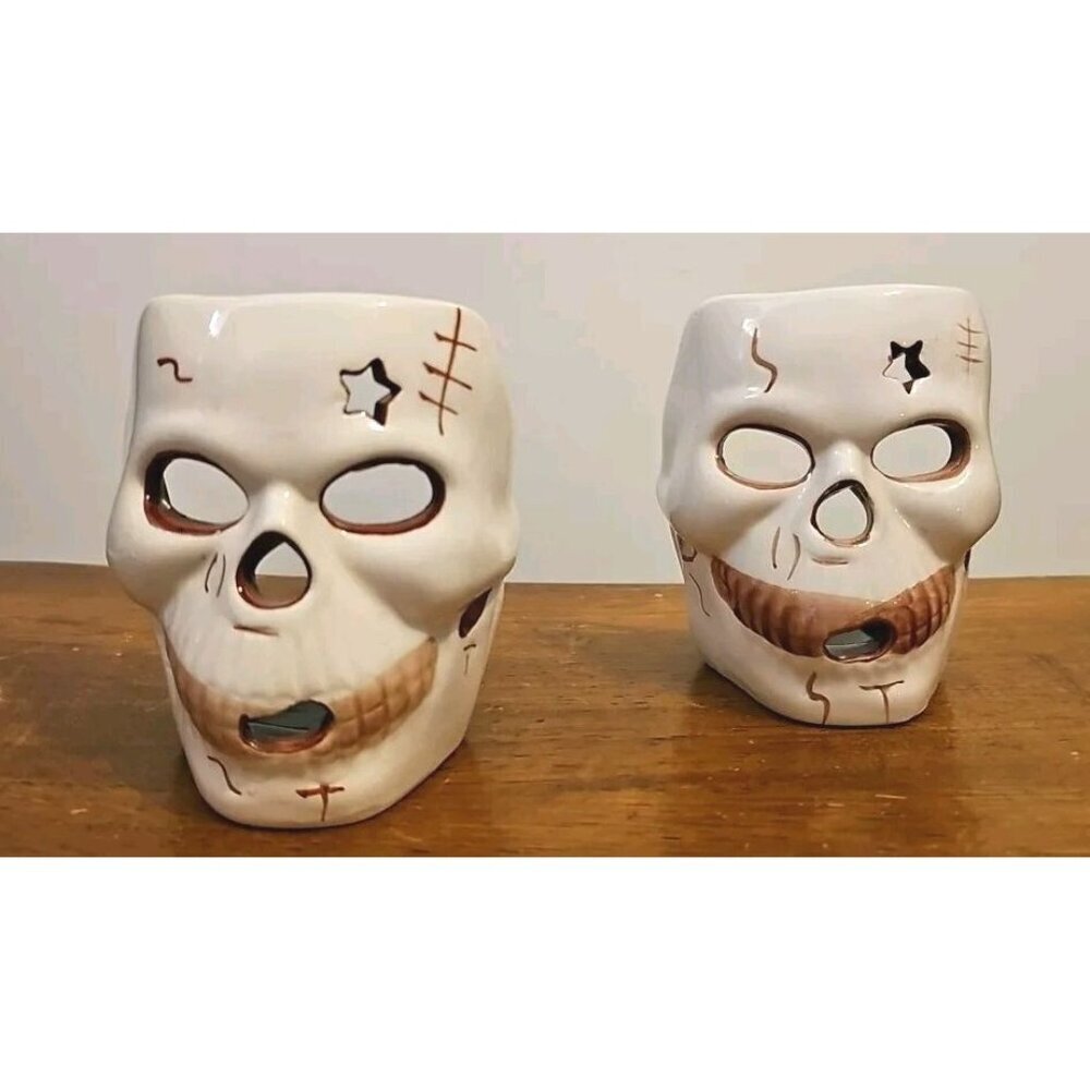 Ceramic Skull Head Tea Light Candle Holders Halloween Decor Vintage (SET OF 2)